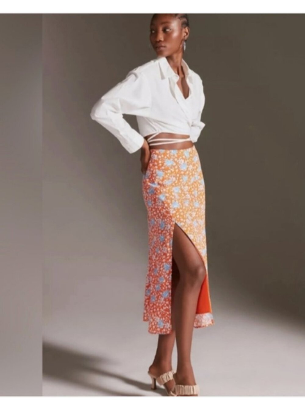 ANTHROPOLOGIE Maeve Orange Flora Midi Skirt Size 8